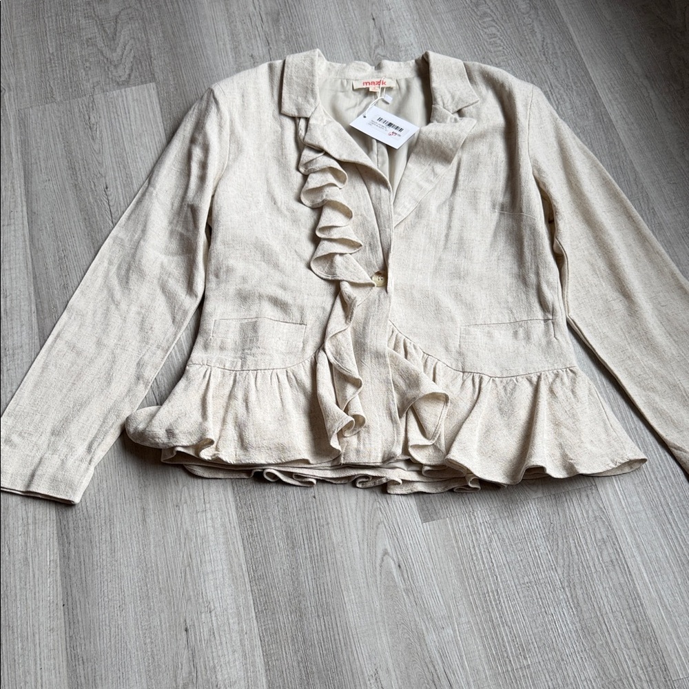 Mazik Ruffle Peplum Blazer NWT Size S Beige Boutique Jacket. CAJA # 6